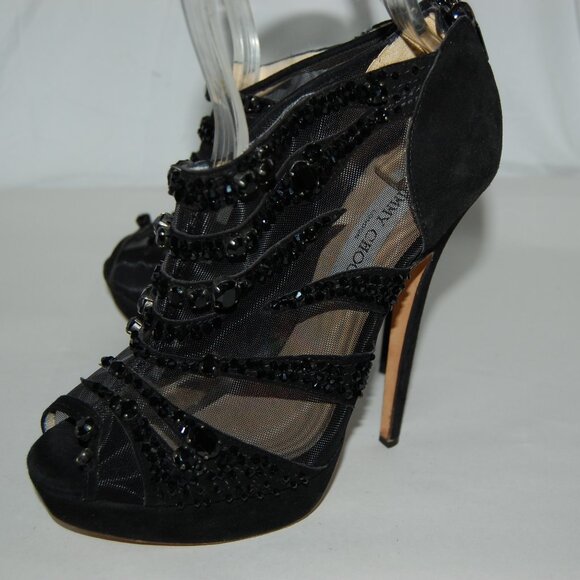 US8.5❤️ Jimmy Choo Black Suede High Heels Ankle Crystal Platform Boots ITALY - Picture 9 of 15